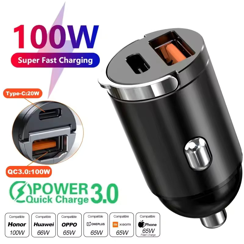 Mini 100W PD QC Pull Ring Fast Charging Car Charger USB C