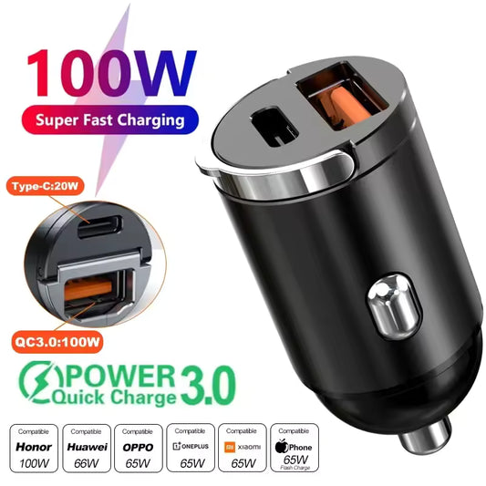 Mini 100W PD QC Pull Ring Fast Charging Car Charger USB C